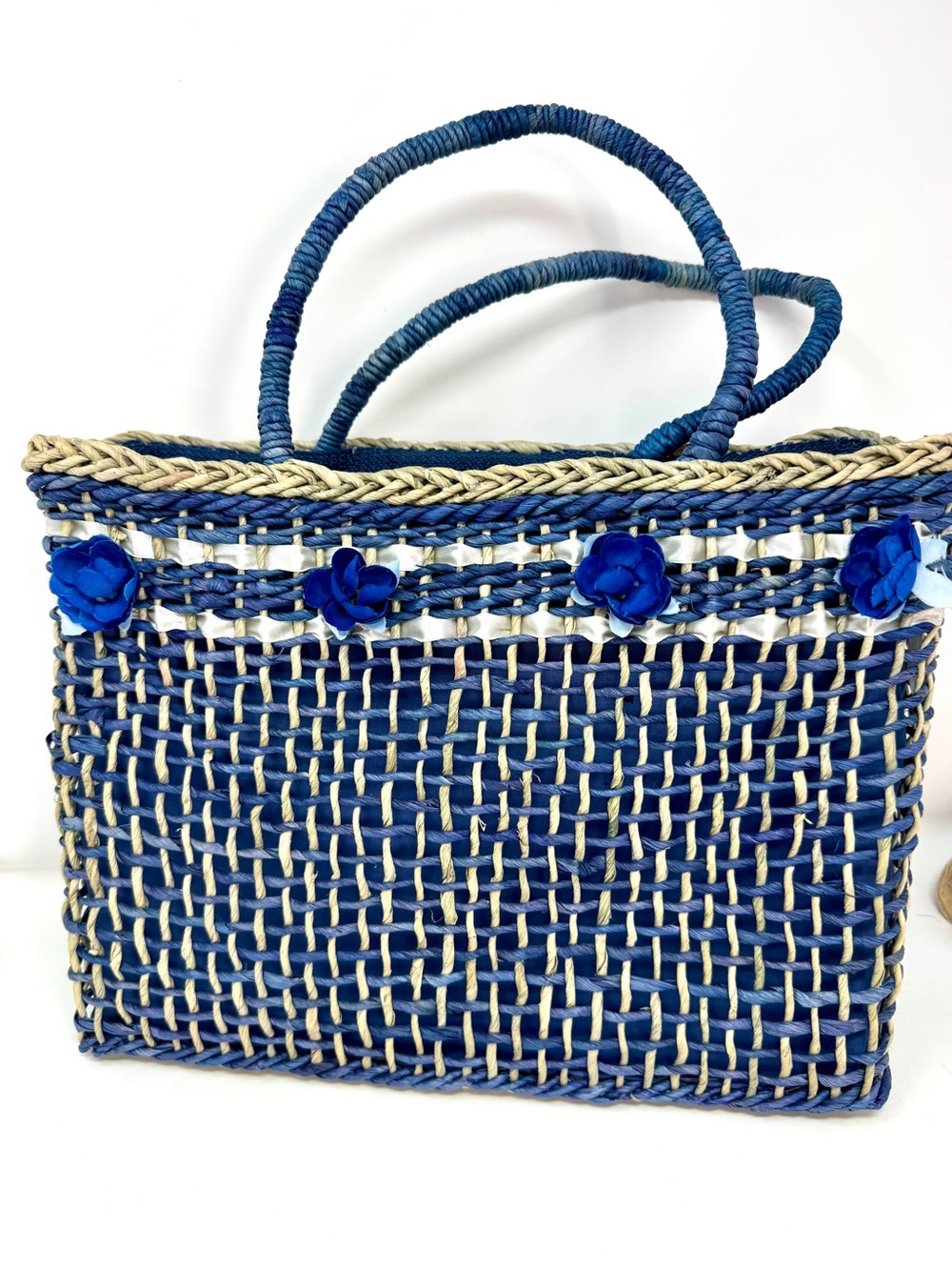 Woven Straw Tote Bag with Blue Flower Embellishments